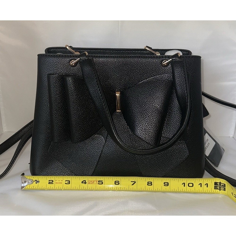 Crossi Black Faux Leather Satchel Double Bow Accent Gold Hardware Inner Pockets - Picture 5 of 7